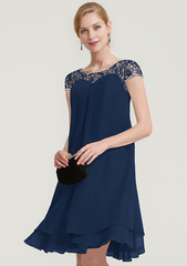 A-linePrincess Bateau Short Sleeve Knee-Length Chiffon Mother of the Bride Dress With Beading Ruffles Short