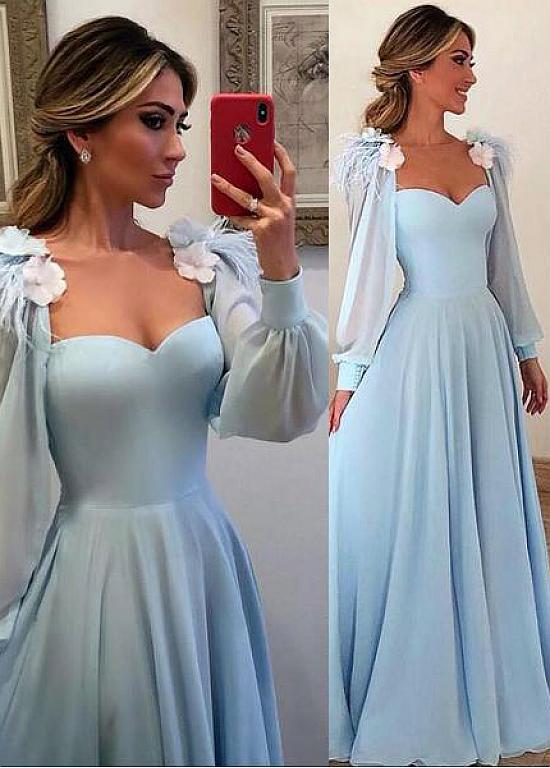 Blue Chiffon Sweetheart 3D Flowers A-line Prom Dresses With Feather