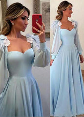 Blue Chiffon Sweetheart 3D Flowers A-line Prom Dresses With Feather