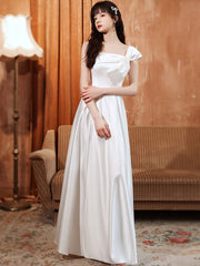 Simple white satin long prom dress, white long bridesmaid dress