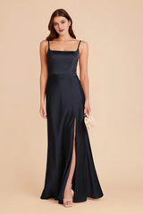 A-line front slit spoon neck satin bridesmaid dress