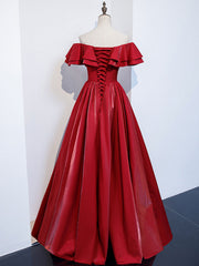 Simple  off shoulder satin long prom dress, burgundy evening dress