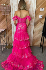 Jimiss off shoulder red sequin layered mermaid long dress