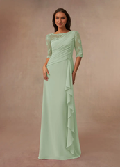 A-line boat collar lace chiffon and floor length mother of the bride dress