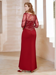 Square collar with 3/4 sleeves and floor mother of the bride dress