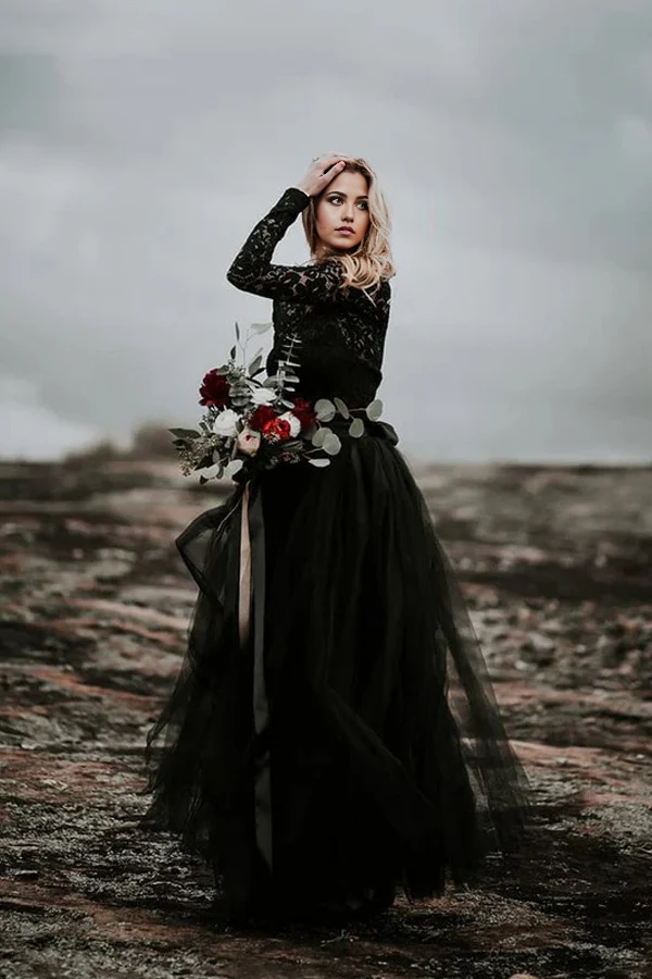 Boho A-Line Lace Appliqued Black Bridal Gown Wedding Dress