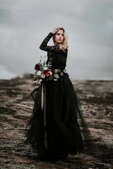 Boho A-Line Lace Appliqued Black Bridal Gown Wedding Dress