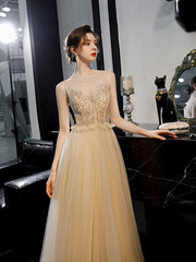 Champagne A line manual beads tulle long prom dress, tulle evening dress