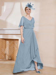 V-neck ruffle sleeves asymmetrical mother of the bride dress