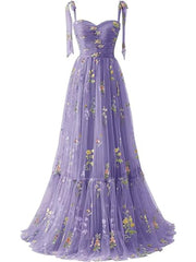 A-line Sleeves Straps Embroidery Tulle Prom Dress