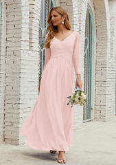 A-line V Neck FullLong Sleeve Ankle-Length Chiffon Mother of the Bride Dress With Pleated Pure Color