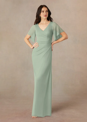 A-line V-neck pleated mesh and floor length mother of the bride dress