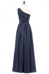 Navy Blue One Shoulder A-line Chiffon Long Bridesmaid Dress