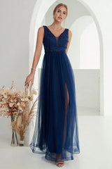 A Line Tulle Long Formal Dress Mother of the Bride Dresses With Slit