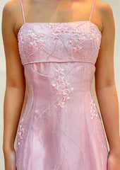 Vintage Pink A-Line Embroidery Prom Dress Long Chiffon Evening Dress Spaghetti Strap Formal Dress HZ1024