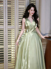 A-Line V Neck Green Tea Length Prom Dress