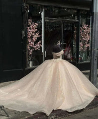Elegant Shiny Champagne Off-the-shoulder Sweet 16 Quinceanera Tulle A-Line Prom Dress Birthday Dress Evening Dress Ball Gown HZ1024