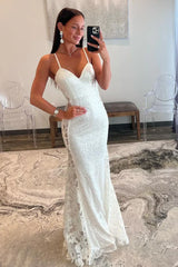 White V Neck Sequin Mermaid Long Prom Dresses with Appliques