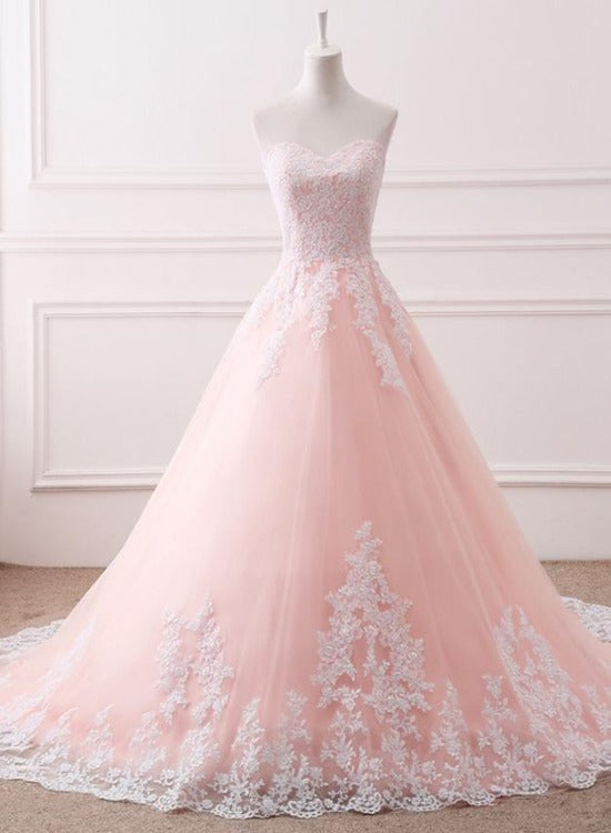 Pink Puffy Ball Gown Princess Sweetheart Tulle Formal Dress with White Lace, Pink Sweet 16 Gown