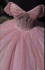 Beautiful Pink Sweetheart Sequin Off-the-shoulder Sweet 16 Quinceanera A-Line Tulle Floor-length Prom Dress Birthday Dress Evening Dress Ball Gown HZ1024