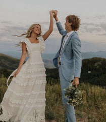 Gorgeous White Lace Square-neck A-Line Tiered Wedding Dress Prom Dress Evening Dress HZ1024