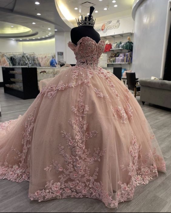 Elegant Pink Applique Sequin Off-the-shoulder Sweet 16 Quinceanera A-Line Floor-length Prom Dress Birthday Dress Evening Dress Ball Gown HZ1024