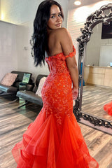 Off the Shoulder Orange Lace Mermaid Long Prom Dresses