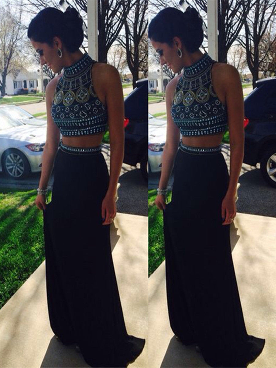 Custom Made High Neck Black Two Pieces Long Prom Dresses, 2 Pieces Formal Dresses