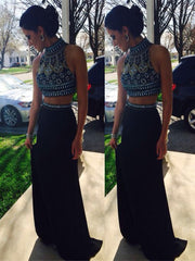 Custom Made High Neck Black Two Pieces Long Prom Dresses, 2 Pieces Formal Dresses