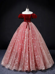 Burgundy/Pink Tulle Velvet Long Prom Dress, Burgundy Formal Dress