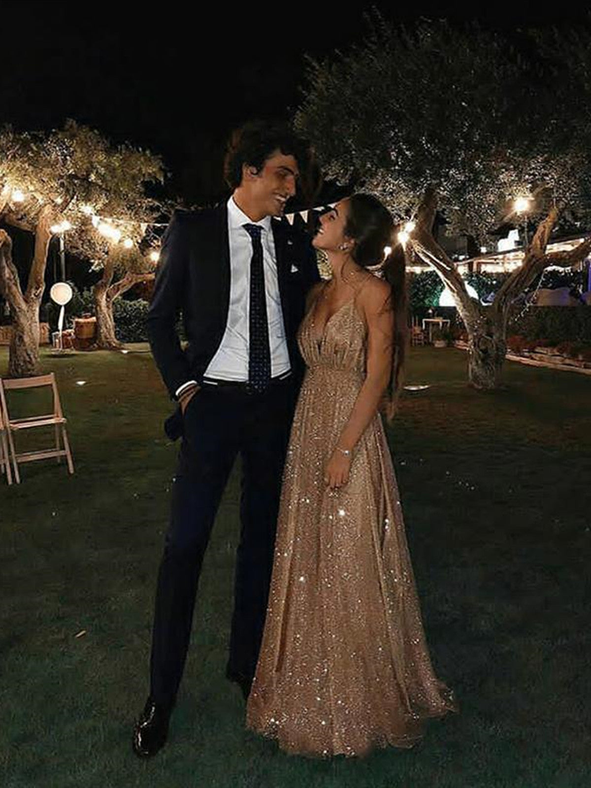 A Line V Neck Backless Champagne Lace Prom Dresses, Champagne Lace Formal Dresses, V Neck Backless Graduation Dresses