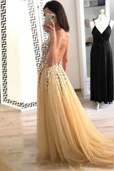 V Neck Backless Yellow Prom Dresses, V Neck Yellow Backless Formal Graduation Evening Dresses