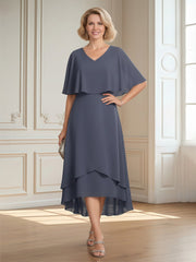 Flutter Sleeves V-neck Asymmetrical Chiffon Dress Stormy