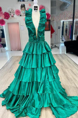 Green Halter Ruffle A-Line Long Prom Dress with Slit