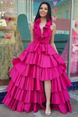 Green Halter Ruffle A-Line Long Prom Dress with Slit