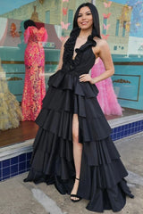 Green Halter Ruffle A-Line Long Prom Dress with Slit