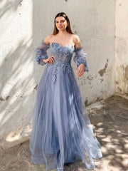 A-Line Sweetheart Neck Tulle Lace Gray Blue Long Prom Dress, Lace Formal Dresses