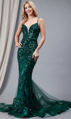 Sequin-Print Long Prom Dress 7021 with Tulle Train