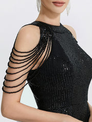 A-Line/Princess Halter Long Prom Dresses With Ruffles & Sequins Sparkly