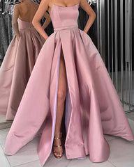 Strapless Bodice Corset Long Satin Leg Split Evening Dresses