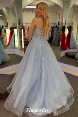 V-Neck Light Blue A-Line Sequin Applique Prom Dress