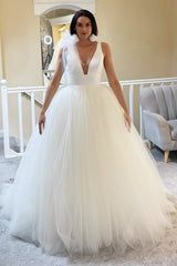 White Tulle Plunge V Open Back Ball Gown with Bow