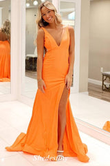 V-Neck Mermaid Orange Backless Long Prom Dress with Slit