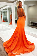 V-Neck Mermaid Orange Backless Long Prom Dress with Slit