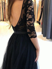 Black tulle lace long prom dress, black tulle formal dress