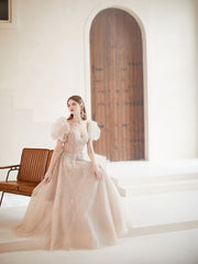 Champagne tulle A line beads long prom dress, champagne evening dress
