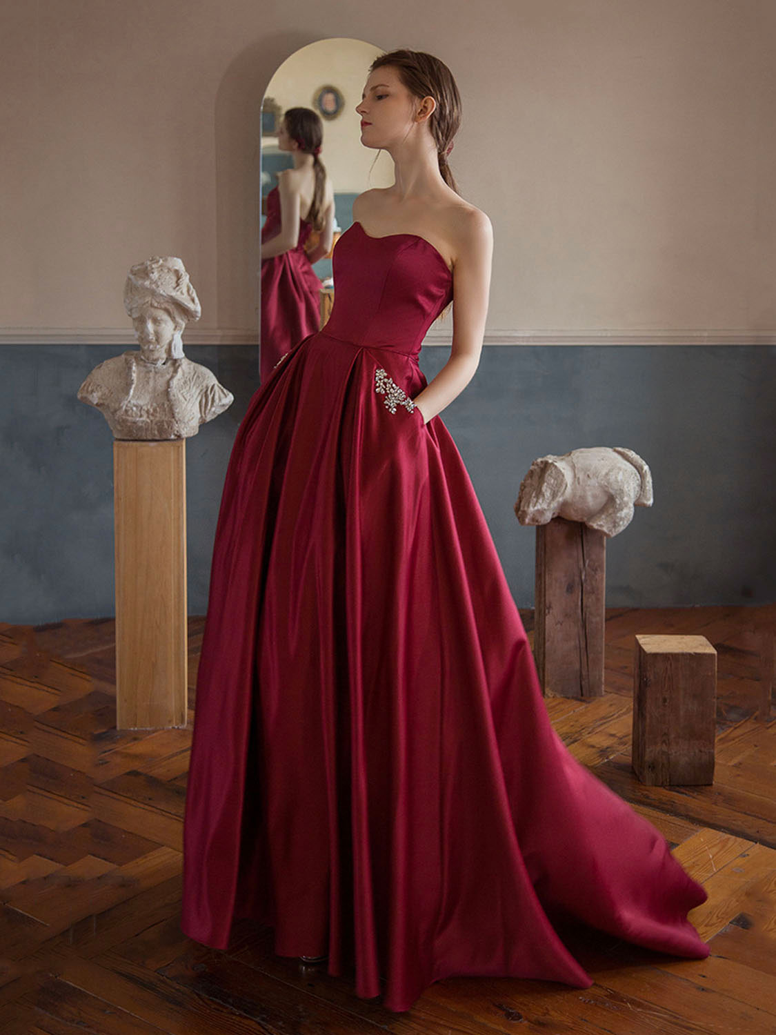Burgundy satin long prom dress, burgundy satin evening dress