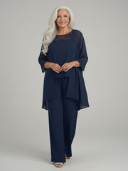 Chiffon Wide Leg Pant Suit with Long Duster Jacket Dark Navy