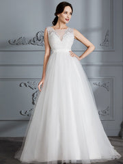 A-Line/Princess Sleeveless V-neck Sweep/Brush Train Tulle Wedding Dresses