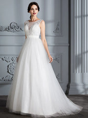 A-Line/Princess Sleeveless V-neck Sweep/Brush Train Tulle Wedding Dresses